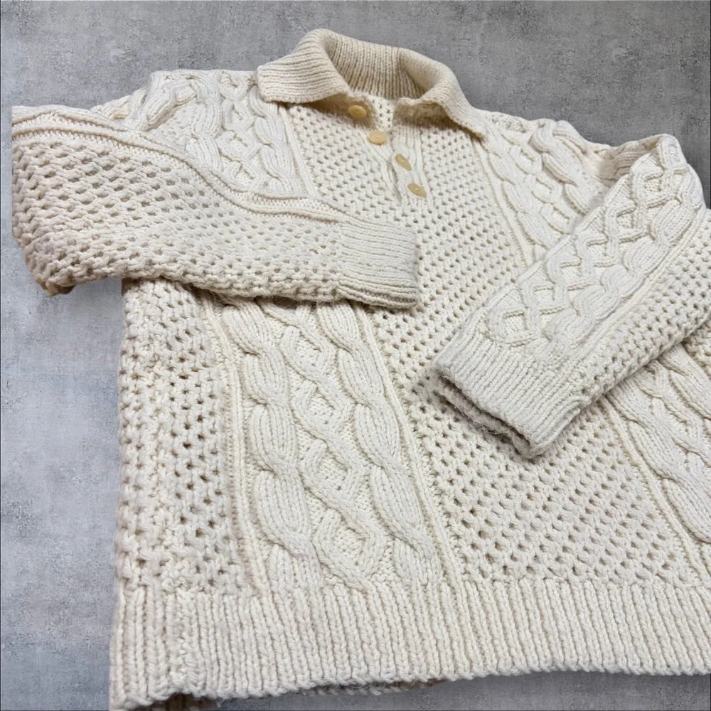Hand-Knit Aran Fisherman Sweater Men’s Large Cream Wool Blend‎